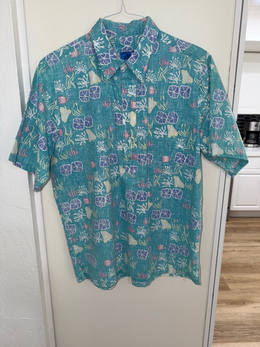Hawaiian Style Hawaii Men's Short-Sleeve Teal Floral Hawaiian 1/2 Button Shirt L